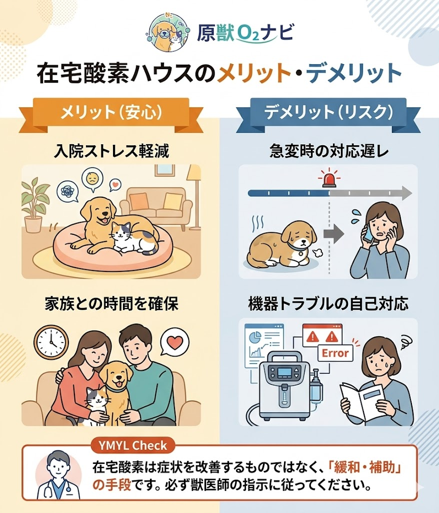 在宅酸素ハウス導入のメリットとデメリットの比較図解。家族との時間と緊急時対応のリスクを整理