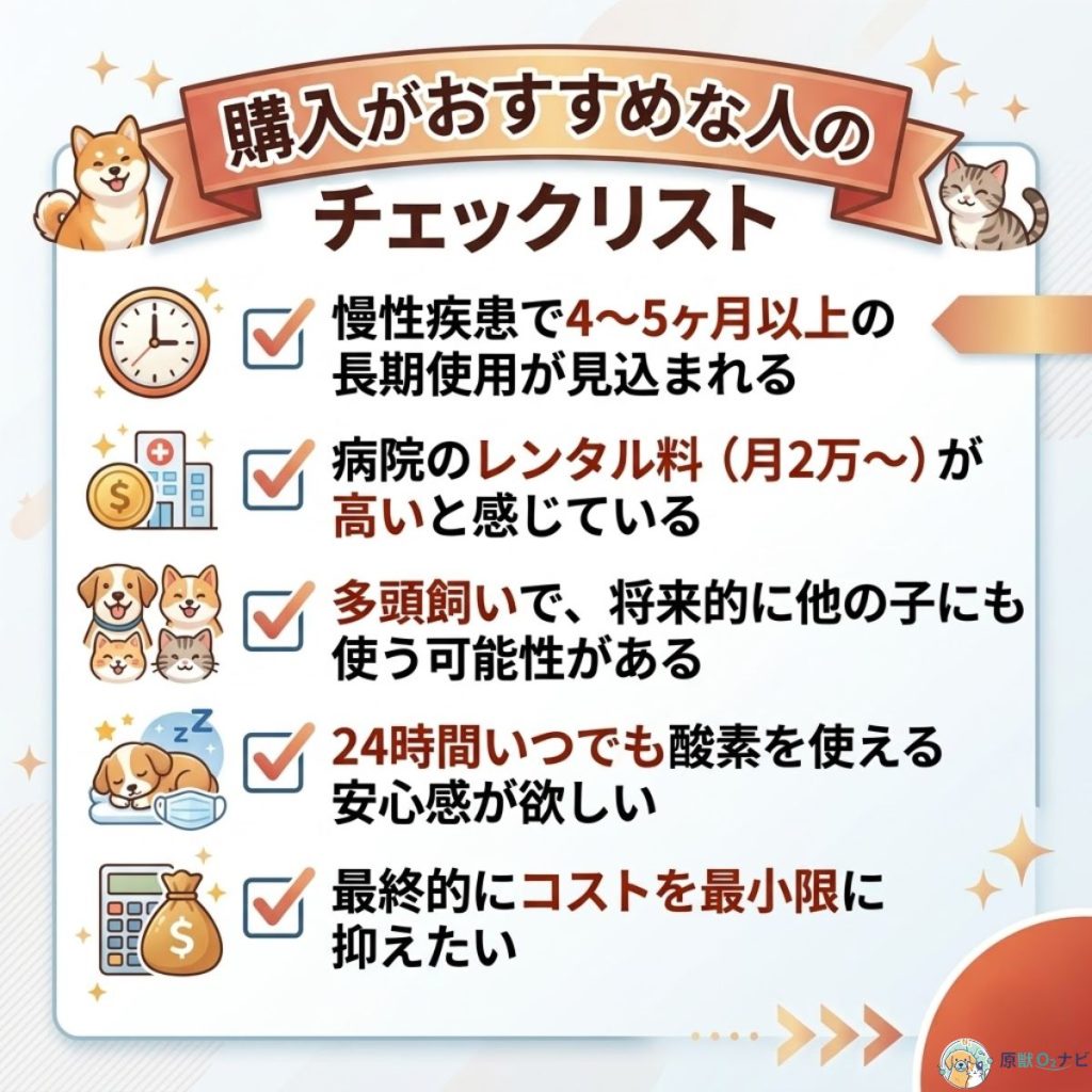 MAF miniの購入が向いている人の条件チェックリスト。長期使用、コスト削減、多頭飼いなどのメリットを提示