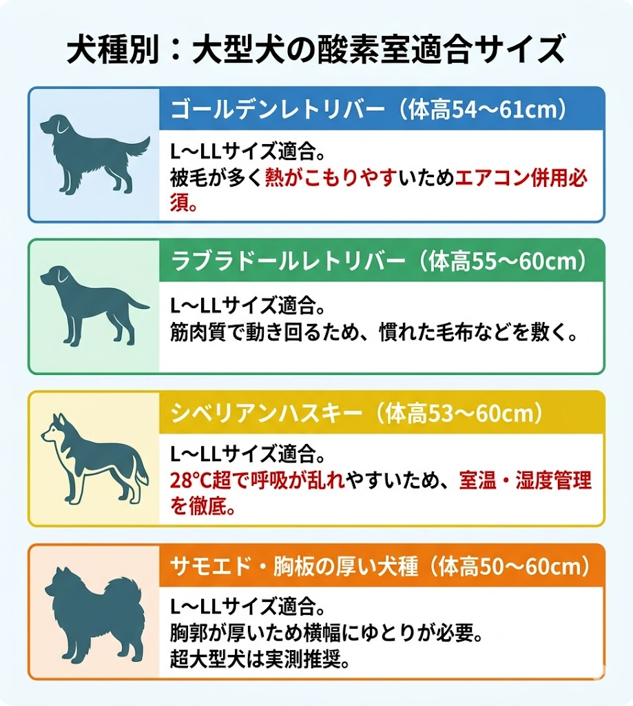 ゴールデン、ラブラドール、ハスキー、サモエド等の犬種別酸素室適合サイズと、室温管理などの注意点まとめ