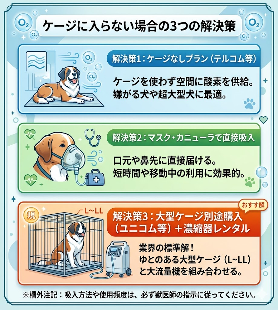 ケージに入らない大型犬向けの解決策3選。ケージなしプラン、マスク直接吸入、大型ケージ別途購入の組み合わせを解説