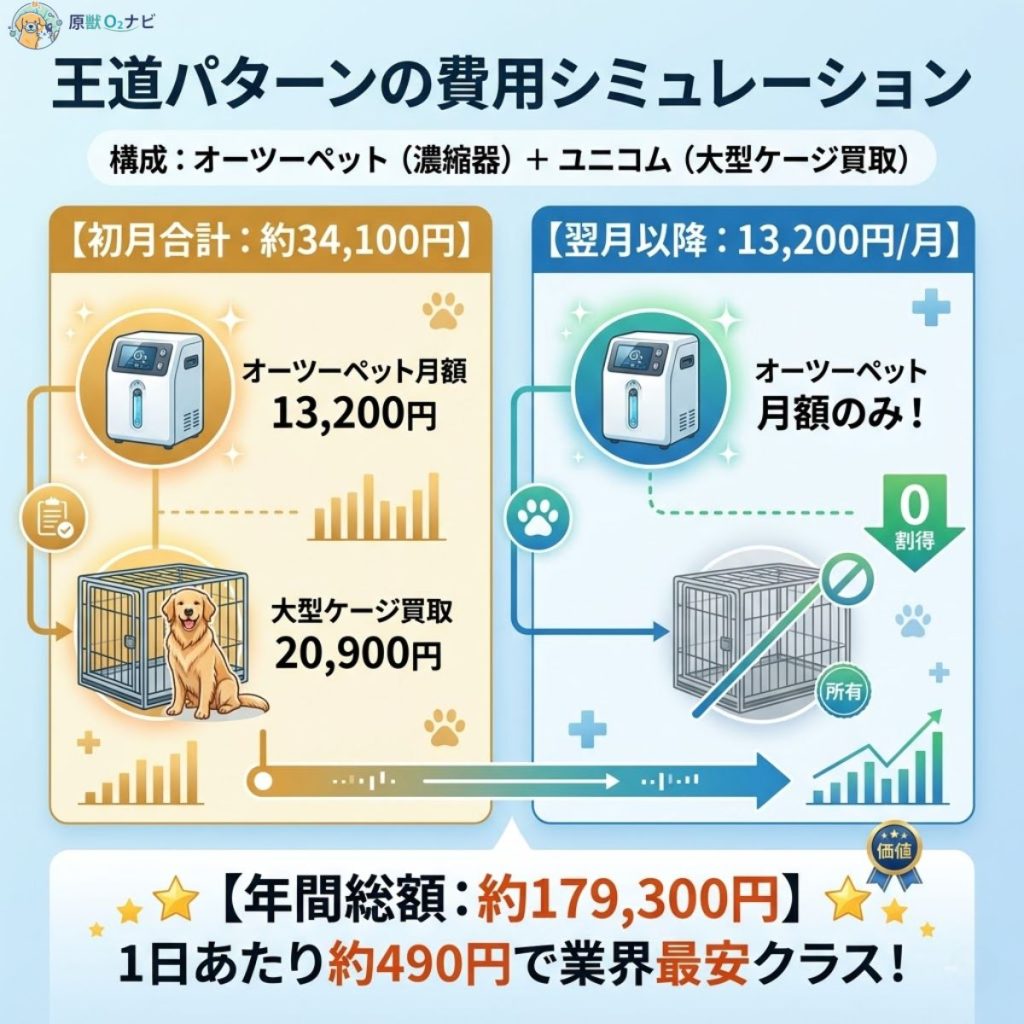 オーツーペット濃縮器とユニコム大型ケージを組み合わせた王道パターンの費用シミュレーション。初月約34,100円、翌月以降13,200円の内訳