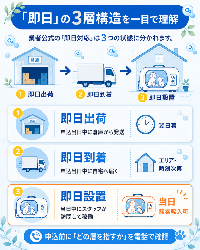 ペット酸素室レンタル「即日」の3層構造 即日出荷・即日到着・即日設置の違い